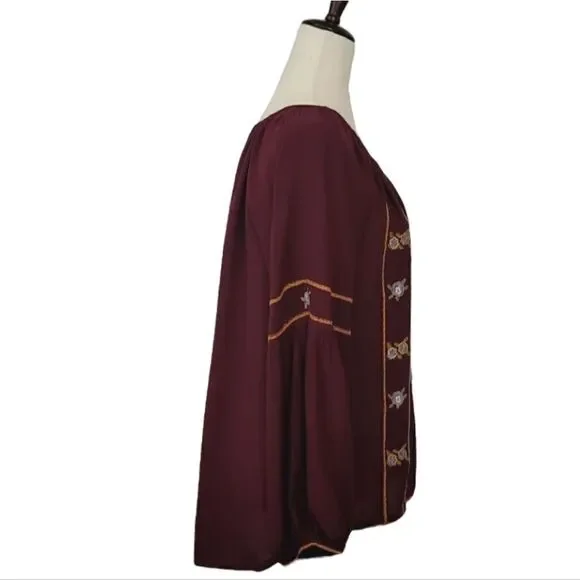 Hippie Laundry Maroon Embroidered Split Neck Ballon Sleeve Pheasant Blouse M - Picture 5 of 12